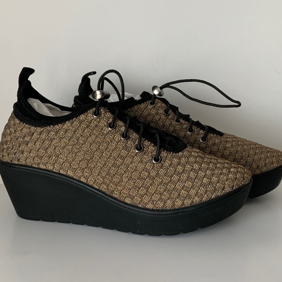 Steve Madden Wedge Sneaker - Gold Metallic Woven Weave - 8 - Picture 1 of 9